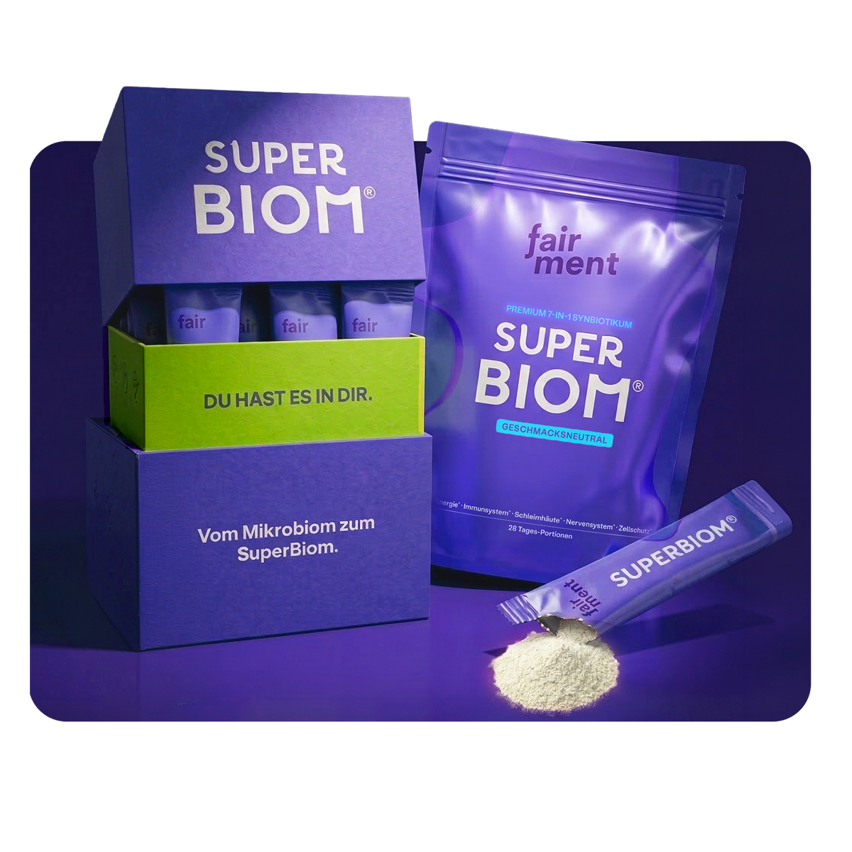 SuperBiom® das erst 3+1 SynbiotikumEs vereint alles, was du brauchst, in einem Sachet täglich – sporenbasierte Bakterienkulturen, präzise Ballaststoffe, inaktivierte Bakterienkulturen + Aminosäuren.